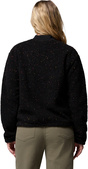 Schwarzer Strickpullover mit bunten Sprenkeln und geripptem Stehkragen, Rückansicht am Model.