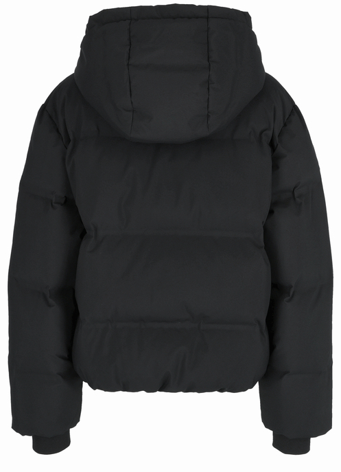 Schwarze wattierte Jacke mit Kapuze in Rückansicht.