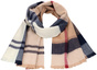 Detailansicht eines karierten Schals in Beige, Dunkelblau, Weiß und Rot mit Fransen.