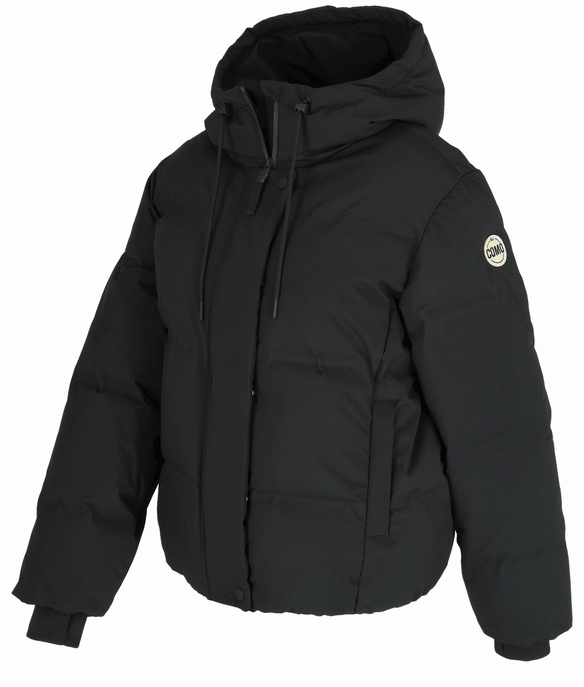 Schwarze Winterjacke mit Kapuze, Reißverschluss und Logoaufnäher am Ärmel