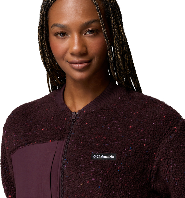 Dunkelviolette Columbia-Fleecejacke mit bunten Sprenkeln, Frontreißverschluss und Brusttasche.
