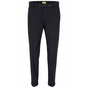 Schwarze Stoffhose mit hohem Bund, Gürtelschlaufen, Knopfverschluss und Zierhaken an der Vorderseite.