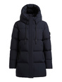 Dunkelblaue, gesteppte Winterjacke mit hoher Kapuze, verdecktem Frontverschluss und Reißverschlusstaschen.