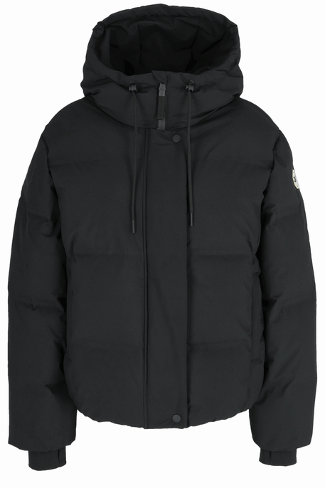 Schwarze wattierte Jacke mit Kapuze, Reißverschluss und Druckknopfleiste vorn