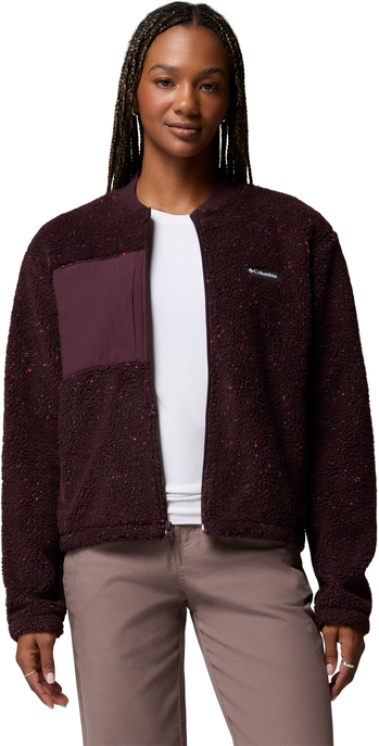 Dunkelviolette Teddyfleece-Jacke von Columbia mit bunten Sprenkeln, Brusttasche und Reißverschluss.