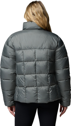 Graue Steppjacke mit hohem Kragen und breiten Quersteppungen, Rückenansicht am Model.