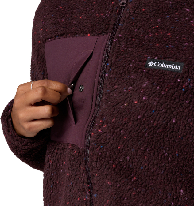 Dunkelviolette Columbia-Fleecejacke mit bunten Sprenkeln, Reißverschluss und Brusttasche.