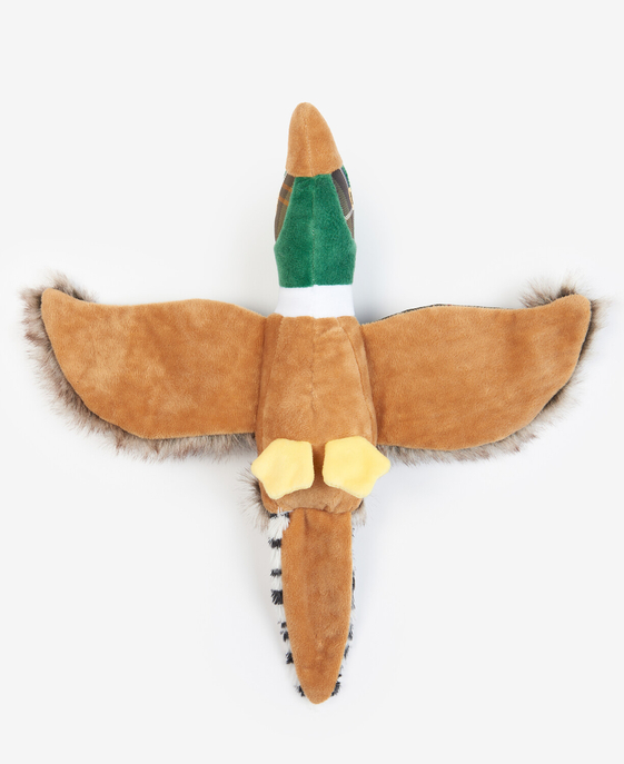 Flach ausgelegtes Plüschtier in Form einer fliegenden Ente mit ausgebreiteten Flügeln