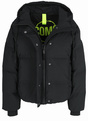 Schwarze wattierte Jacke mit Kapuze, Reißverschluss, Druckknopfleiste und neongrünem Innenfutterdetail.