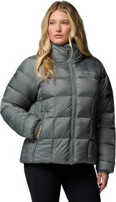 Graue, gesteppte Columbia-Daunenjacke mit hohem Kragen, Frontreißverschluss und seitlichen Reißverschlusstaschen.