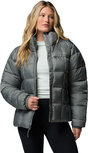 Graue Columbia Damen-Steppjacke mit hohem Kragen, Reißverschluss und horizontaler Wattierung.
