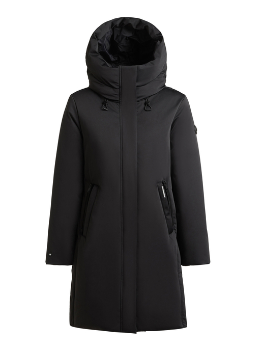 Schwarzer langer Winterparka mit großer Kapuze, verdecktem Frontverschluss und Reißverschlusstaschen.
