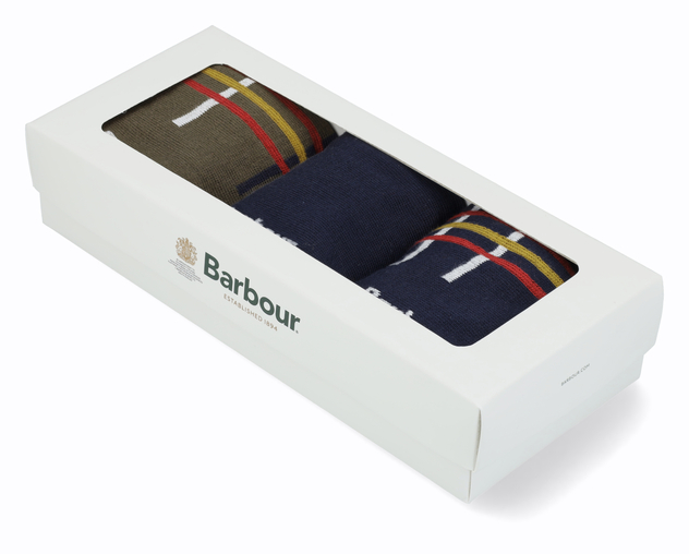 Dunkelblaue Socken mit roten, gelben und weißen Streifen in Banderolenverpackung
