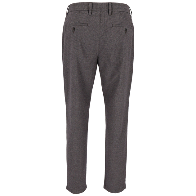 Dunkelgraue Stoffhose in Rückansicht mit Gürtelschlaufen, zwei geknöpften Gesäßtaschen und schmal zulaufenden Beinen.