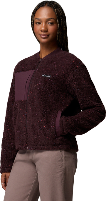 Dunkelviolette Columbia-Fleecejacke mit bunten Sprenkeln, Reißverschluss und Brusttasche.