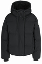 Schwarze wattierte Jacke mit Kapuze, Reißverschluss und Druckknopfleiste vorn