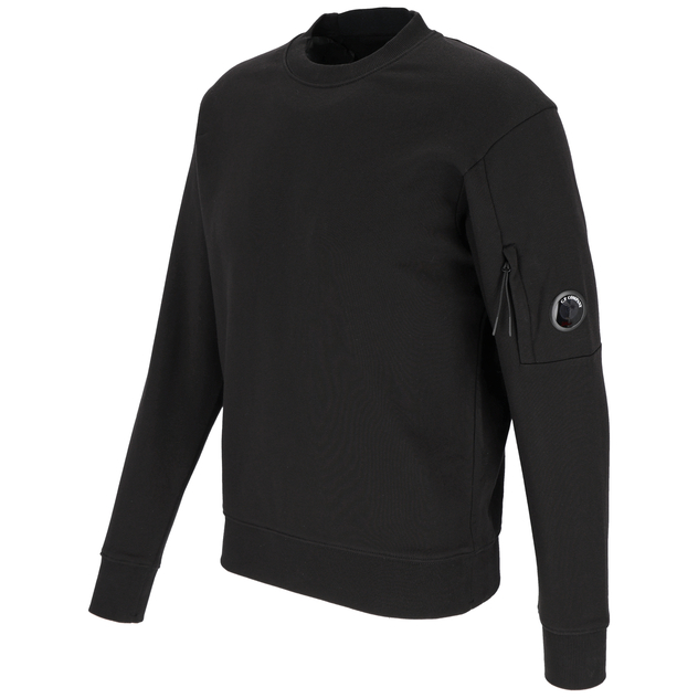 Schwarzes Sweatshirt mit geripptem Rundhalsausschnitt, Reißverschlusstasche am linken Ärmel und Logo-Patch.
