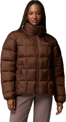 Braune, gesteppte Columbia-Pufferjacke mit hohem Kragen, Frontreißverschluss und Reißverschlusstaschen.