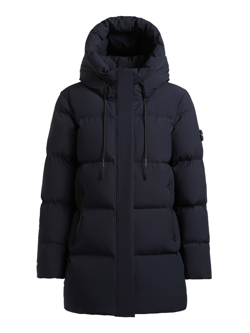 Dunkelblaue, gesteppte Winterjacke mit hoher Kapuze, verdecktem Frontverschluss und Reißverschlusstaschen.