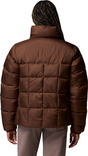 Braune, wattierte Steppjacke mit hohem Kragen und großen rechteckigen Steppkammern, von hinten getragen.