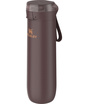 Dunkelbraune Stanley-Thermoflasche mit transparentem Deckel, Trageschlaufe und Logo.