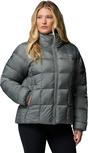 Graue, gesteppte Columbia-Daunenjacke mit hohem Kragen, Frontreißverschluss und seitlichen Reißverschlusstaschen.