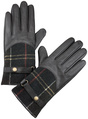 Schwarze Lederhandschuhe mit karierten Textilmanschetten und Druckknopfriegeln
