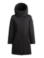Schwarzer langer Winterparka mit großer Kapuze, verdecktem Frontverschluss und Reißverschlusstaschen.