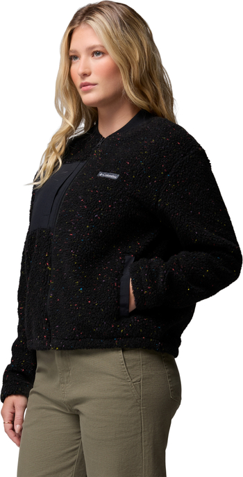 Schwarze Columbia-Fleecejacke mit bunten Sprenkeln, Reißverschluss und Brusttasche.