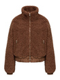 Braune Teddyfell-Jacke mit hohem Kragen, durchgehendem Reißverschluss und seitlichen Reißverschlusstaschen.