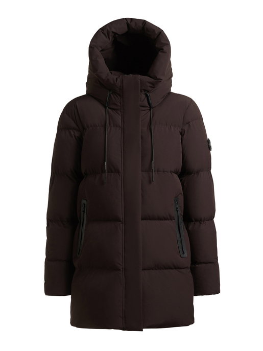 Dunkelbraune Steppjacke mit Kapuze, verdecktem Reißverschluss und seitlichen Reißverschlusstaschen