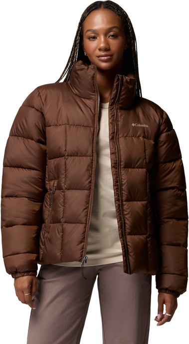 Braune Columbia-Steppjacke mit hohem Kragen, Frontreißverschluss und seitlichen Reißverschlusstaschen.