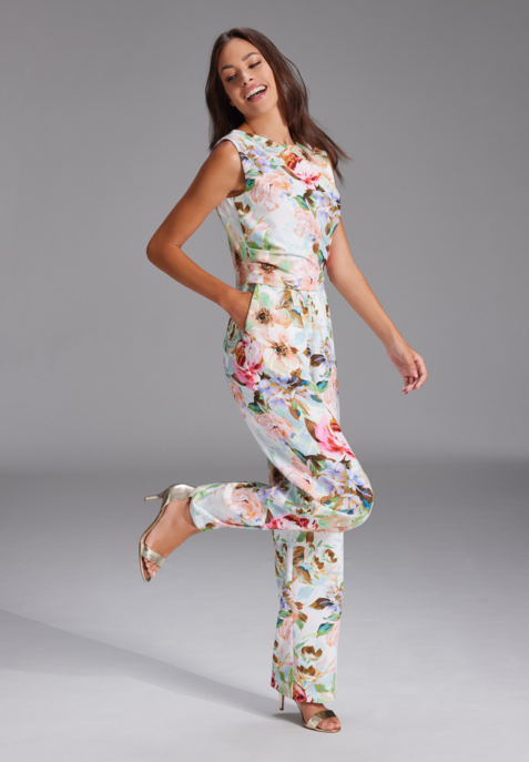 Jumpsuit aus leichtem Scuba mit Blumendruck und Drapierung
