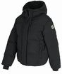 Schwarze Winterjacke mit Kapuze, Reißverschluss und Logoaufnäher am Ärmel