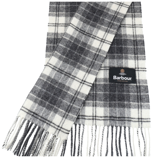 Grau-weiß karierter Barbour-Schal mit Fransen und Logoetikett